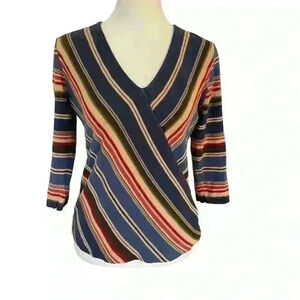 Chaps Denim Women’s Shirt Mock Wrap Size MP Blue Tan Red Casual Lightweight Work